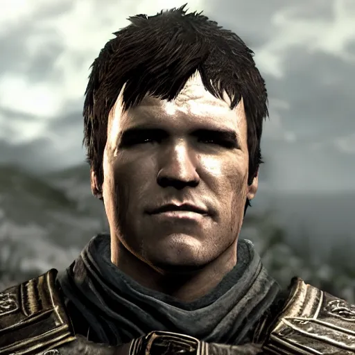 Image similar to character screenshot of chael sonnen, npc, skyrim, wilderness, 1 0 8 0 p, bokeh, elder scrolls v, detailed, dialog