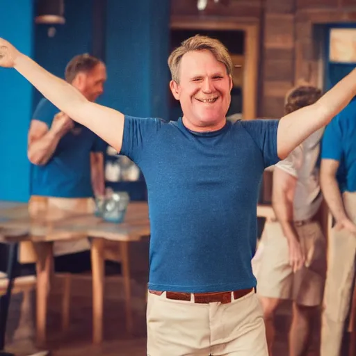Image similar to a english irish middle aged man with brown moptop hair and red cheeks is clean shaven. he is wearing a blue tshirt and shorts. he dances with his arms out like chicken wings in his kitchen