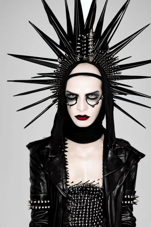 Prompt: a genderqueer iranian woman in a black leather outfit with spikes on her head, a high fashion character portrait by christen dalsgaard, featured on behance, gothic art, androgynous, genderless, gothic