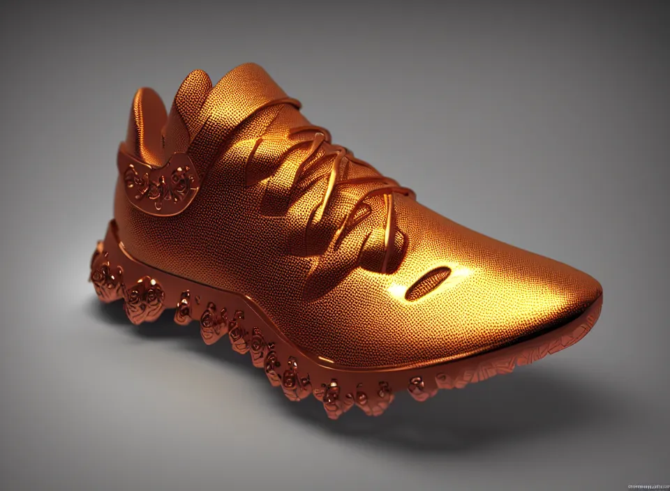 Image similar to realistic 3 d render of a futuristic sneaker, beautiful studio lighting, soft, sharp focus, neon cyberpunk highlights, intricate detail, gold and red metal, soft rubber, textured plastic, hexagons, filigree, octane render, side view, close up, trending on artstation, deviantart, nike, adidas, converse, reebok, salomon