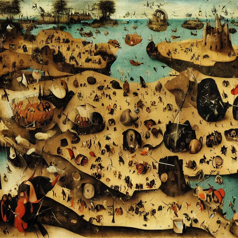 Image similar to The medium shot of three sarcastic mans with a lot of fish running away with a small profit of money, Grim Reaper laughs and follow them, by Hieronymus Bosch and Pieter Bruegel inspired by Terry Pratchett, super detailed oil painting, hyper realistic, 4k, masterpiece