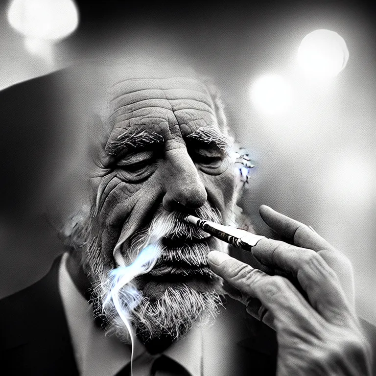 Prompt: a intricately detailed portrait of an old man, smoking a lit perfectly symmetrical cuban cigar, looking at a case of freshly opened monti cristo cigars, cinematic photography, smoke rising like clouds, beautifully symmetrical, super resolution, cgi, trending on art station, volumetric lighting & shadows, hyper detailed, 8 k, unreal engine, canon 2 0 0 mm,