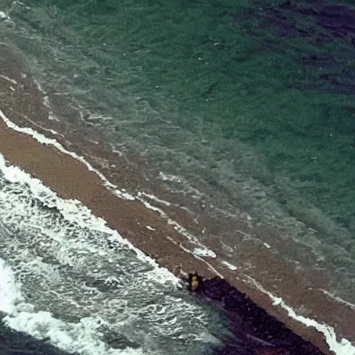 Image similar to cnn news footage of big bird being washed up on shore, view from above, tv