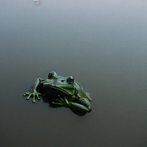 Image similar to “semitranslucent smiling frog amphibian floating over misty lake waters in Jesus Christ pose, low angle, long cinematic shot by Andrei Tarkovsky, paranormal, spiritual, mystical”