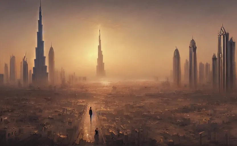 Image similar to painting of skyline of dubai at sunset, natural light, concept art, by greg rutkowski, cozy atmospheric and cinematic lighting