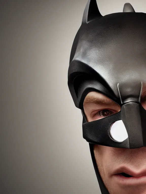 Image similar to film still, ryan renolds as batman, eye!!! mask!!!, hyperrealism, moody lighting, intricate, 8 k