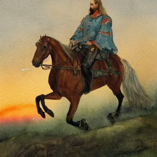 Image similar to watercolor painting of swedish king, riding a horse during sunset, by lars lerin, high detail