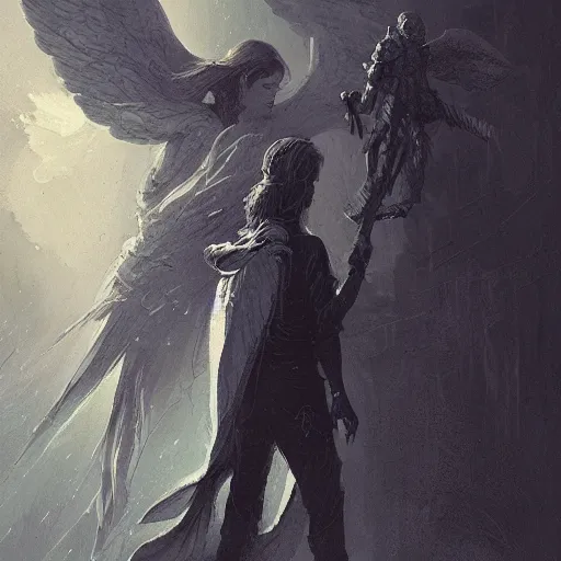 Image similar to angel protecting man, detailed intricate ink illustration, dark atmosphere, detailed illustration, hd, 4k, digital art, overdetailed art, by greg rutkowski, by loish, complementing colors, Trending on artstation, deviantart