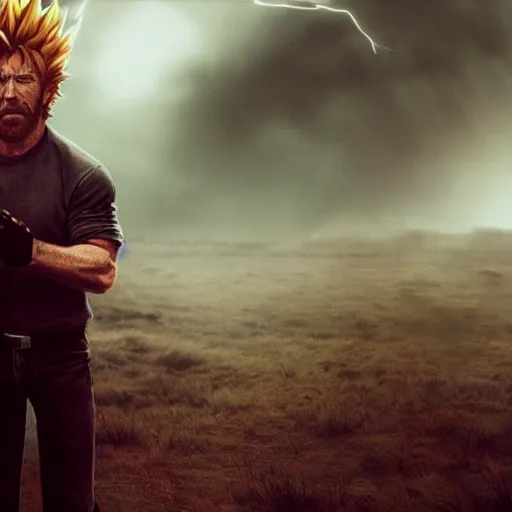 Image similar to chuck norris going super saiyan, dramatic lighting, cinematic, establishing shot, extremly high detail, photorealistic, cinematic lighting, post processed, concept art, artstation, matte painting, style by greg rutkowsky