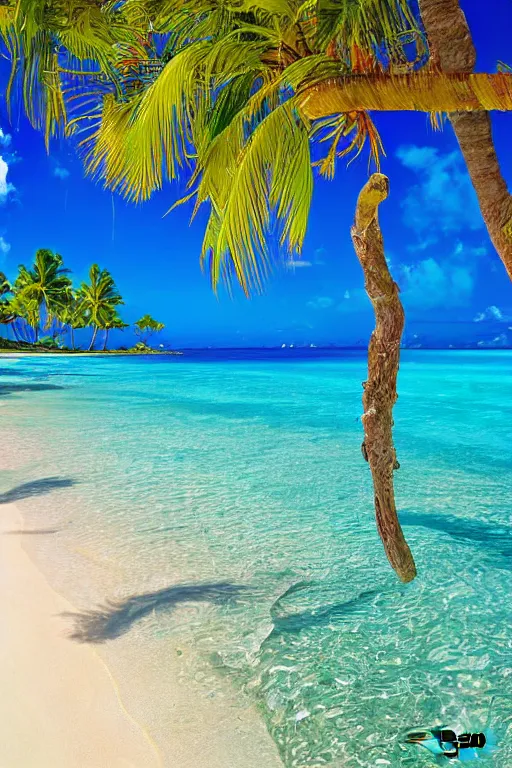 Prompt: beckoning palms lean over crystal clear water laid back hawaiian beach summer style by scott westmoreland