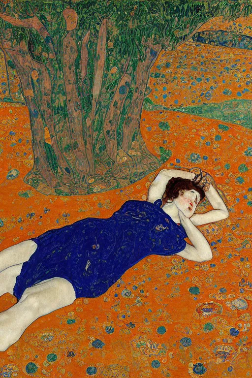 Image similar to girl waer detailed golden arabesque dress and lay down on a detailed navy persian carpet with a big tree palm persian pot, painting by egon schiele