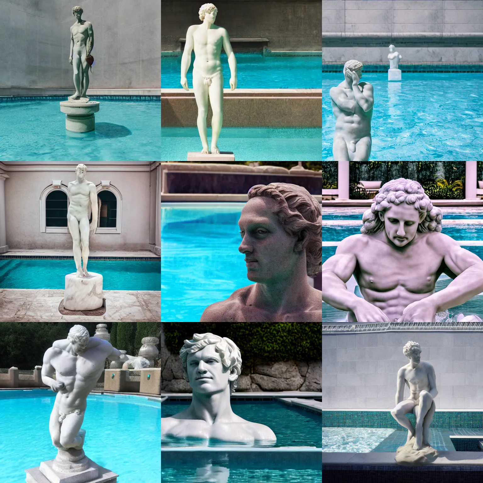 Prompt: man marble sculpture in swimming pool, vaporwave background