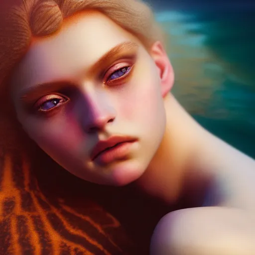 Image similar to photographic portrait of a stunningly beautiful siren female, in soft dreamy light at sunset, contemporary fashion shoot, by edward robert hughes, annie leibovitz and steve mccurry, david lazar, jimmy nelsson, extremely detailed, breathtaking, hyperrealistic, perfect face, octane render