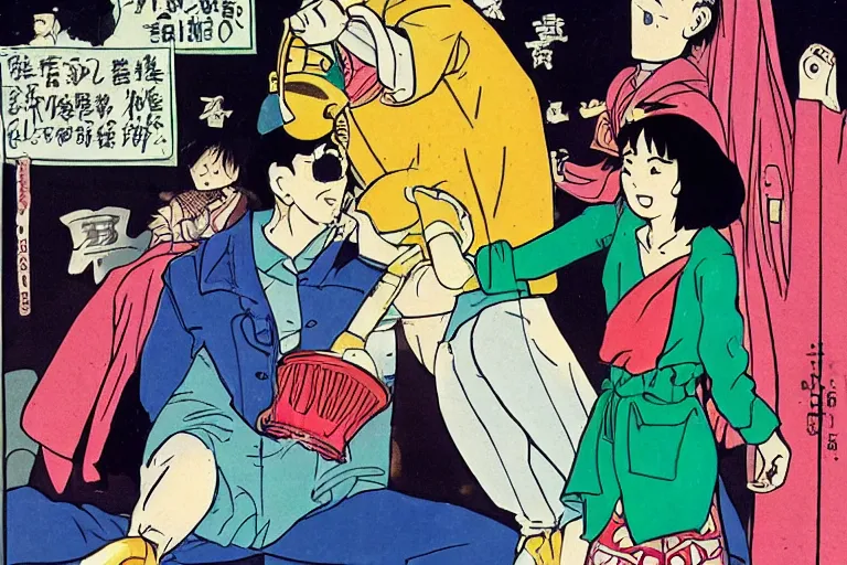 Prompt: a guy putting a dustbin over the head of a girl, in the style of Takahashi, Rumiko