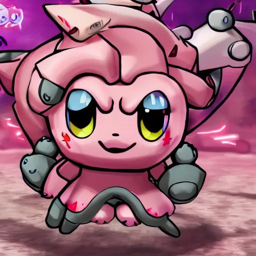 Image similar to jigglypuff fighting back hordes of monsters in he'll using a machine gun, digital art, highly detailed, 4 k