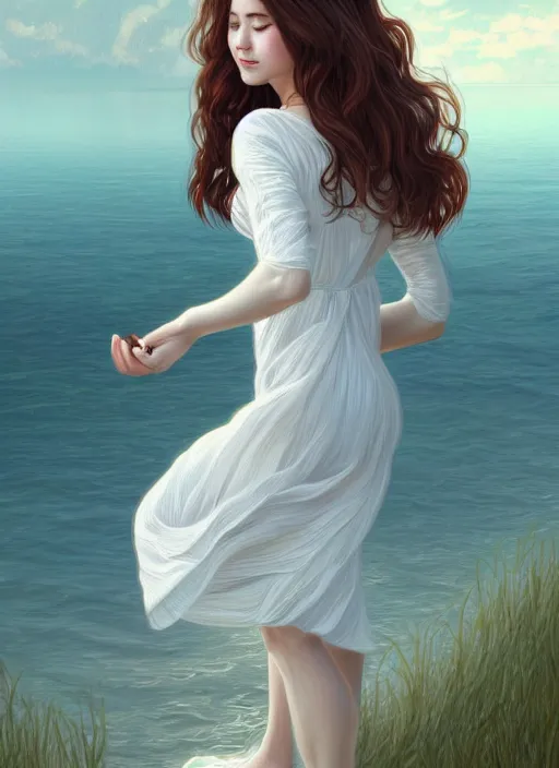 Image similar to long shot, woman posing, short wavy hair, round face, intricate white dress, lakeside, cottagecore!!, intricate, enlightened, highly detailed, digital painting, artstation, concept art, smooth, sharp focus, illustration, inspired by artgerm, by marat safin, and alphonse mucha