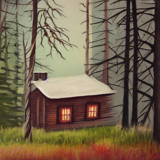 Prompt: a painting of a eerie cabin in the middle of the woods in the style of alison geissler