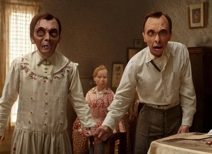 Prompt: a still from The Conjuring with Mr Bean