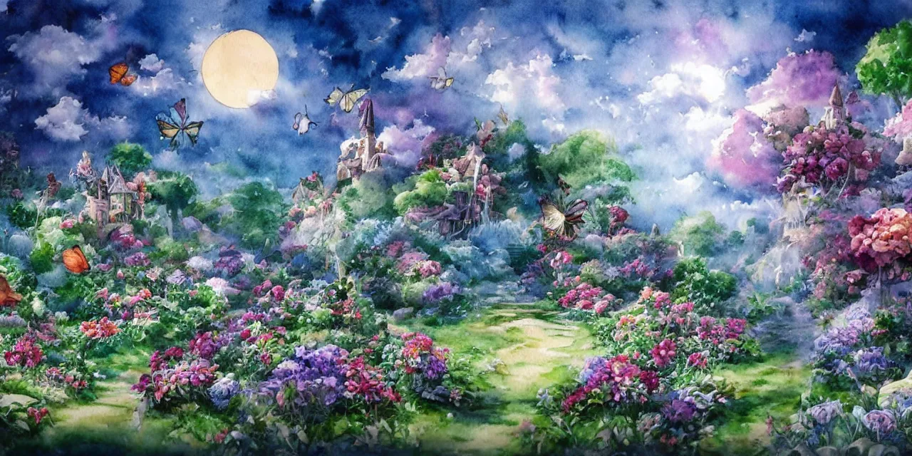 Prompt: a beautiful detailed watercolor painting of a alice garden in the clouds, fairy tales, butterflies, a crystal ship, light effect, trending on artstation