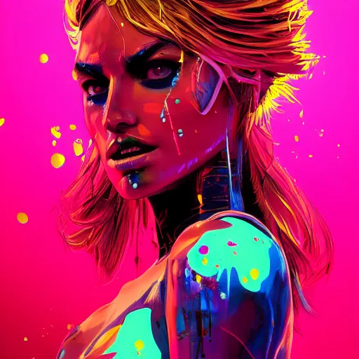 Prompt: splashes of neon, portrait made out of paint, trending on artstation, epic composition, emotional, beautiful, rendered in octane, unreal engine, highly detailed, realistic, comic book art, punk style