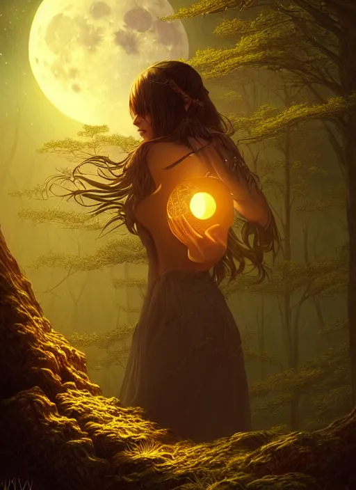 Image similar to fantasy book cover, full moon, fantasy forest landscape, golden vector elements, fantasy magic, dark light night, intricate, elegant, sharp focus, illustration, highly detailed, digital painting, concept art, matte, art by WLOP and Artgerm and Albert Bierstadt, masterpiece