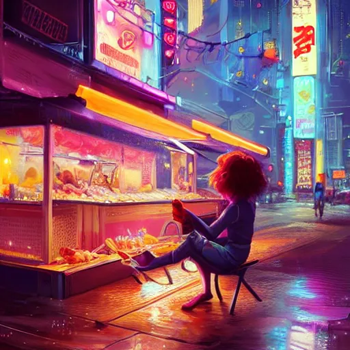 Image similar to anthropomorphic female vulpes vulpes fulva woman sitting at a noodle stand eating noodles in the crowded street of a cyberpunk city, rain, harsh neon lights, highly detailed, digital painting, trending on artstation, concept art, sharp focus, illustration, art by artgerm and greg rutkowski and magali villeneuve