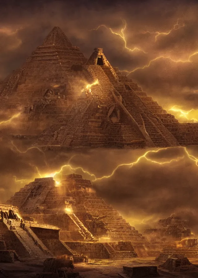 Prompt: a highly detailed matte painting of a golden age spaceship above the courtyard of an aztec mayan style pyramid, plasma lightning and clouds, 8 k hd, cinematic, concept art, artstation, deviantart, cg society,
