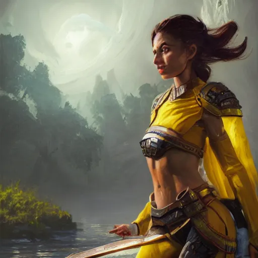 Image similar to a female Kender wearing a yellow jacked aiming her hoopak towards the viewer, oil painting, insanely detailed, Larry Elmore, Greg Rutkowski, Charlie Bowater, Fantasy Art, Dungeons and Dragons, Dragonlance Illustration, unreal 5, DAZ, hyperrealistic, octane render, RPG portrait, dynamic lighting, fantasy art, beautiful face