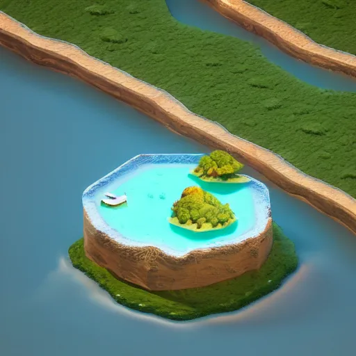 Image similar to a floating island on an aquatic environment isometric art, low poly art, game art, artstation, 3D render, high detail, cgsociety, unreal engine 5