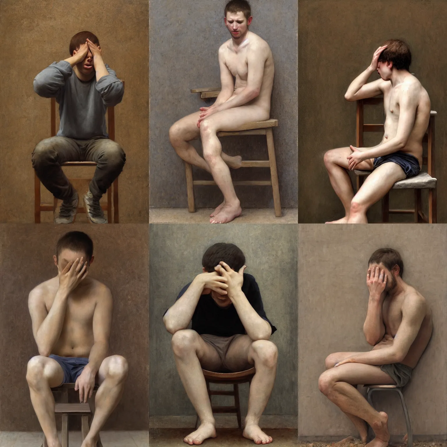 Prompt: A young man trying to cover his face and his body with both hands seated on a wood chair and a concrete wall background by Alyssa Monks, Bouguereau; Full body; desperate face expression; hyper realism, Realistic proportions, dramatic lighting, high detail 4K