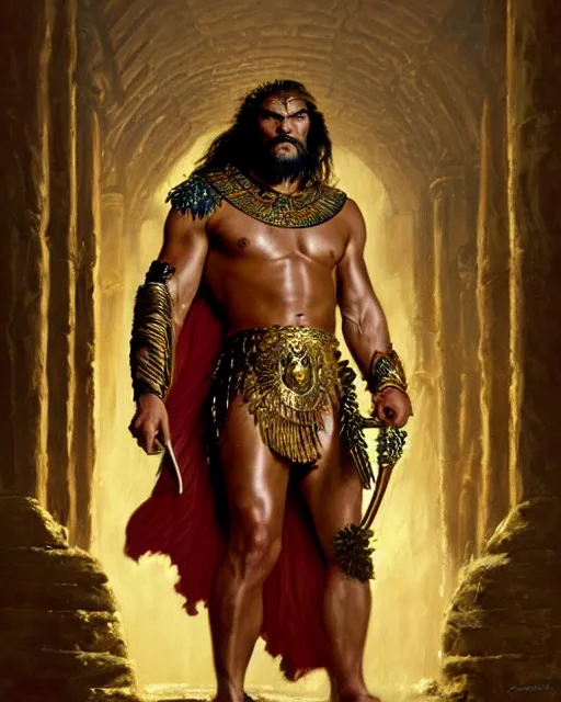 Image similar to beautiful portrait oil painting, jason momoa conan the barbarian wearing a golden wreath crown in royal crimson spartan armor enthroned as the god emperor of ancient rome, mid - shot, action pose, standing in a dungeon, frank frazetta, boris vallejo, greg rutkowski, beautiful cinematic light, american romanticism, by thomas lawrence, greg rutkowski