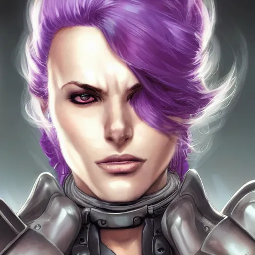 Image similar to extreme close up portrait, pale woman with flowing purple hair in rusty sci - fi power armor, high detail, eyepatch, stoic, elegant, muscles, powerful, commanding, by stjepan sejic, sunstone, dc comic, marvel comic