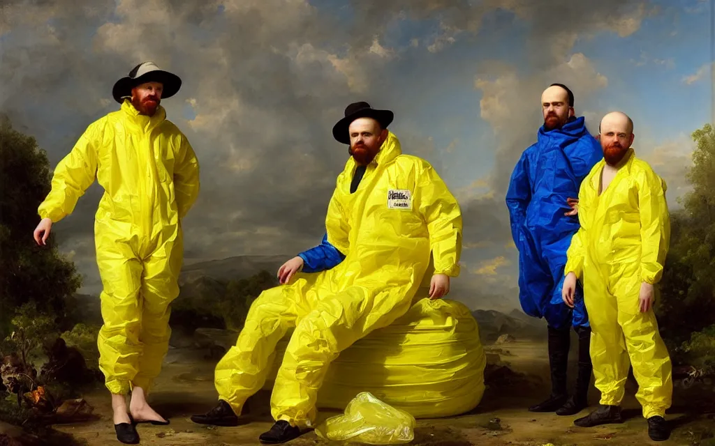 Prompt: a beautiful full body portrait of heisenberg and jesse pinkman wearing a yellow plastic lab coat, hazmat, bags of blue crystals surrounding him, art by franz xaver winterhalter, highly detailed, elegant, jewlery, romanticism, rococo, neoclassicism, 1 8 5 0 s style painting, oil on canvas, vivid