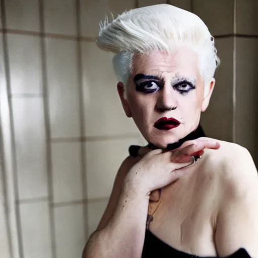 Prompt: a woman with white hair and makeup in a bathroom, an album cover by nan goldin, tumblr, international gothic, goth, antichrist, gothic