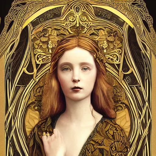 Image similar to a beautiful girl made of ivory and gold, highly intricate, digital art, very detailed, in the style of a weird and dark eerie liminal art nouveau flemish painting