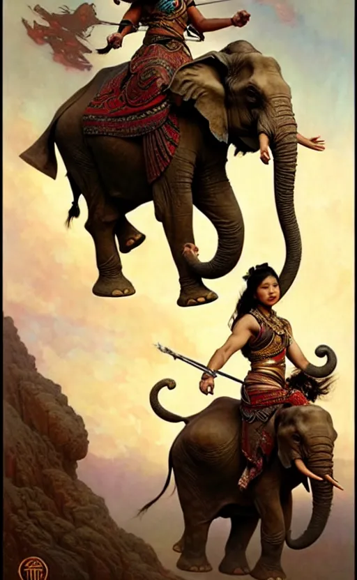 Prompt: magic tribal ethnic asian female, riding a war elephant, gorgeous lighting by weta studio, mucha, bautista and norman rockwell and greg rutkowski and tom bagshaw and james gurney and lucasfilm