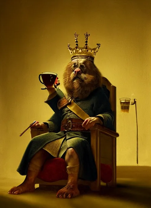 Prompt: king on a throne with a water - filled tankard in his hand in the style of michael sowa, detailed, 4 k, beautifully lit, from a film, cinematic, artstation