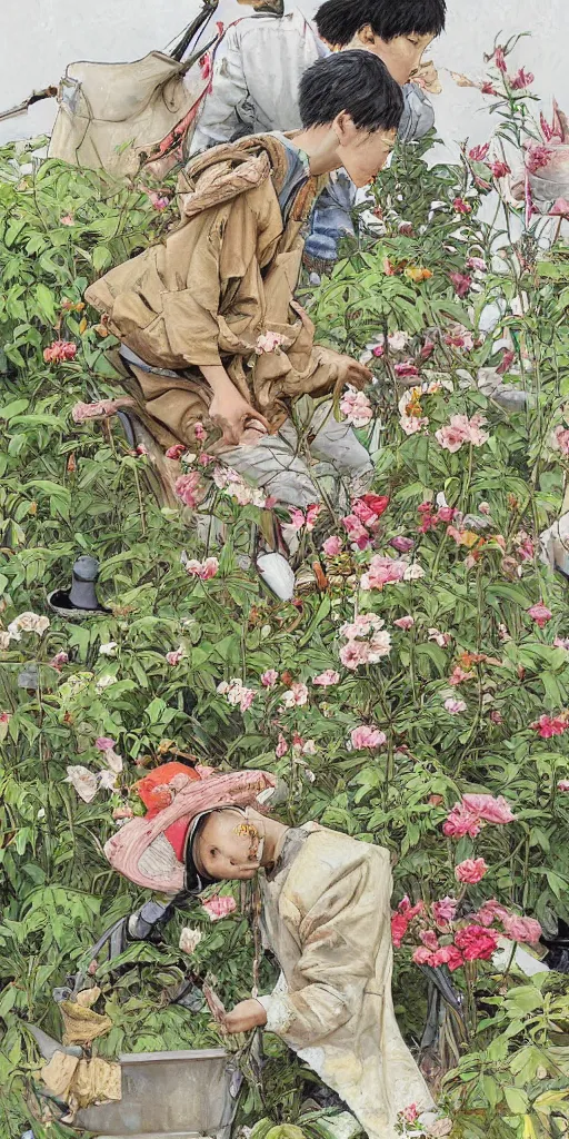 Image similar to oil painting scene from blooming gardeners by kim jung gi