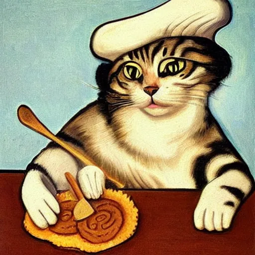 Image similar to a highly detailed painting of a cat with a chef hat baking cookies, done in the style of matisse, caravaggio