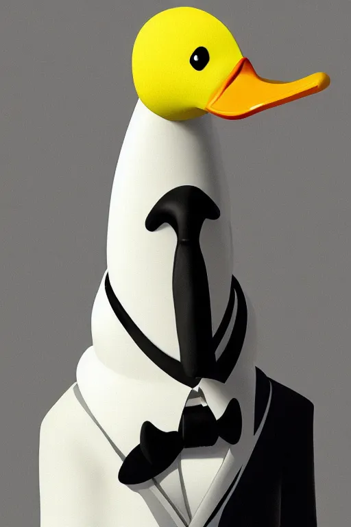 Image similar to man anthropomorphic duck wearing a white tuxedo oil on canvas full shot trending on artstation