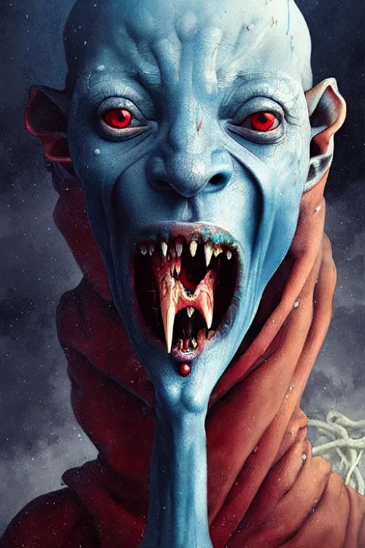 Image similar to hieronymus bosch, greg rutkowski, anna podedworna, painting of a blue skinned elf with spider arms and legs, bloody, screaming, high detail, extreme close up, insane face