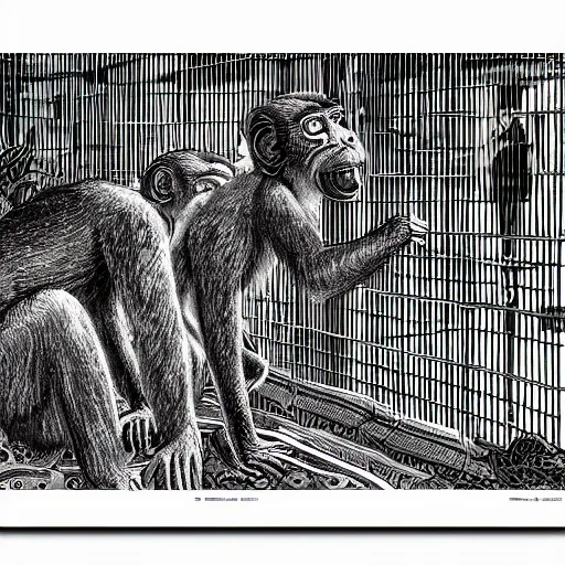 Image similar to monkeys greeting quetzalcoatl locked in a cage in a warehouse, 1 9 8 0's scifi, black and white, 8 k, highly ornate intricate details, extreme detail, punk xerox, lofi