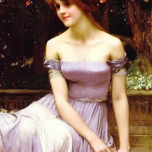 Prompt: very very very beautiful princess in a skintight satin prom dress smiling flirty eye contact, drawn by john william waterhouse