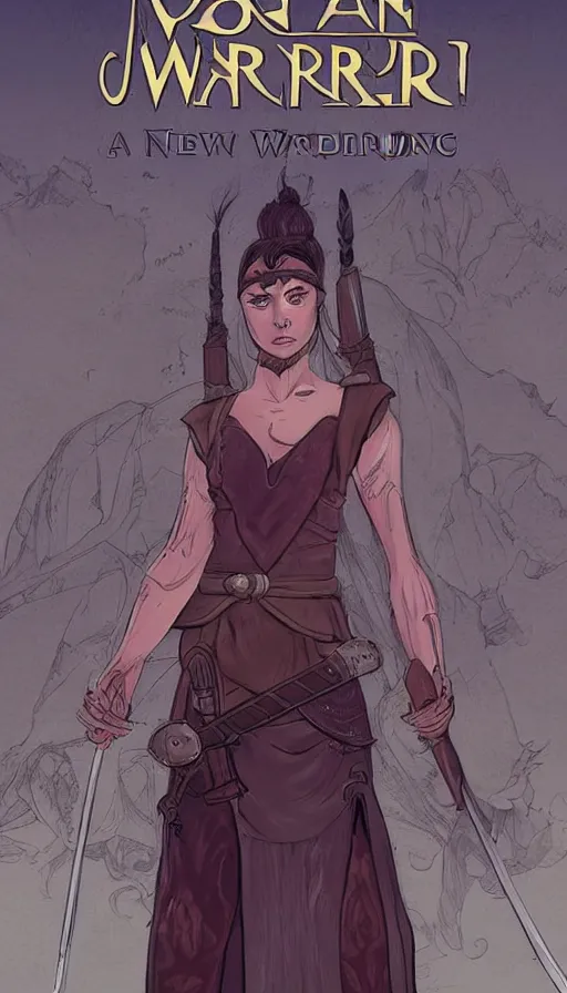 Prompt: a graphic novel cover for a fantasy epic about a female warrior in a new dimension