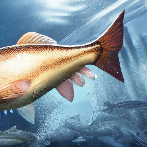 Image similar to incredibly detailed atlantic cod, hyper realistci, underwter, dynamic camera angle