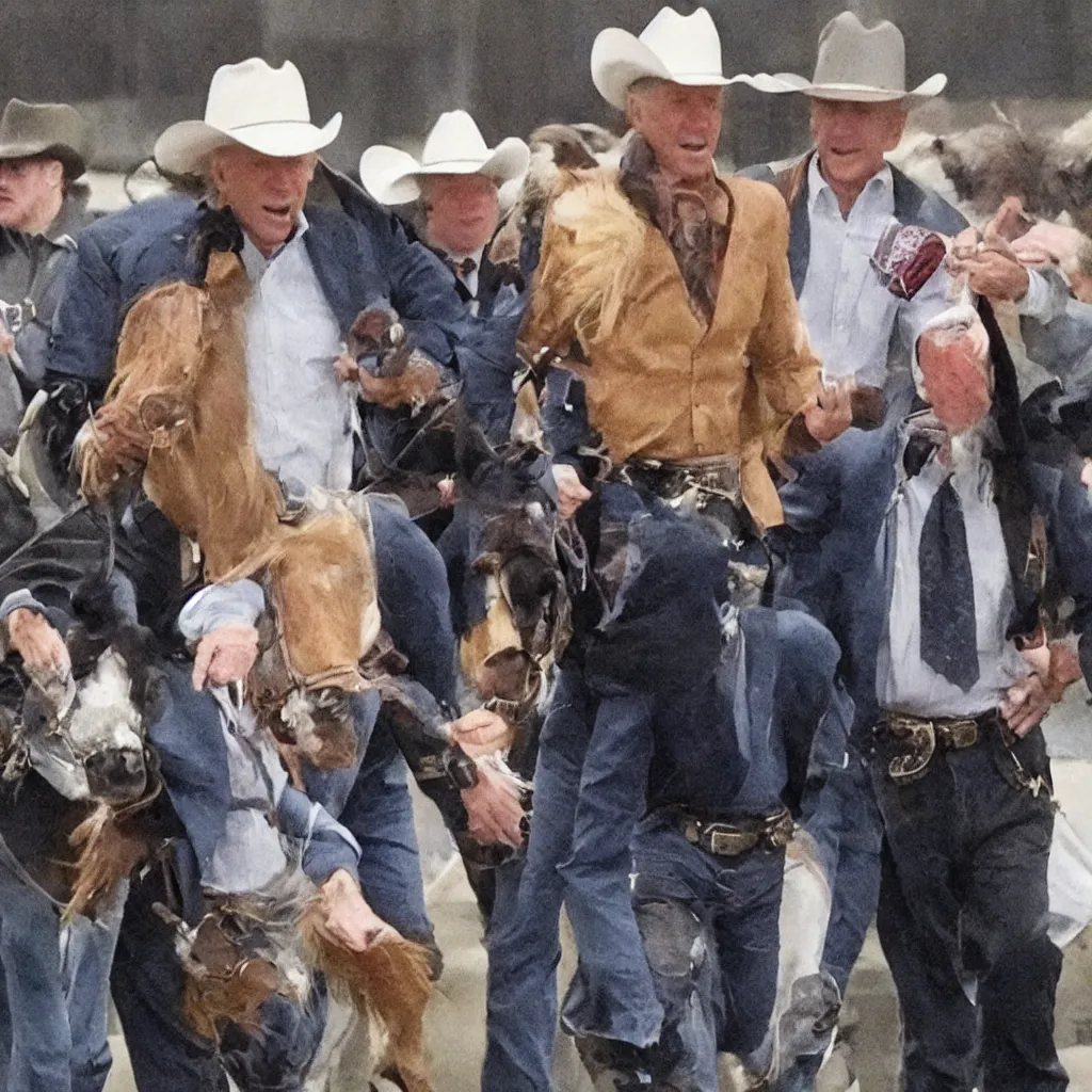 Prompt: joe biden as a cowboy robbing a bank, photo realistic