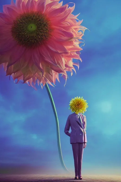 Image similar to closeup giant dahlia flower head, girl in a suit, standing in street, surreal photography, sunrise, dramatic light, impressionist painting, digital painting, artstation, simon stalenhag