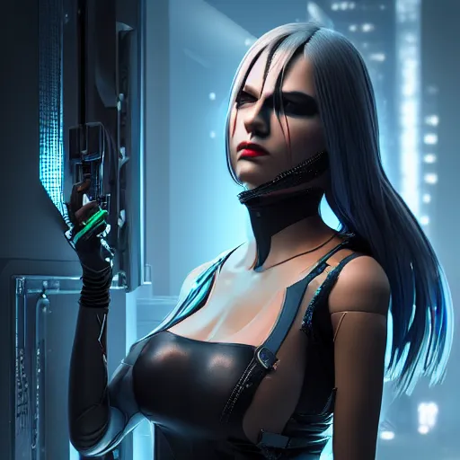 Image similar to evil cyberpunk attractive female villain, highly detailed, photorealistic portrait, bright studio setting, studio lighting, crisp quality and light reflections, unreal engine 5 quality render