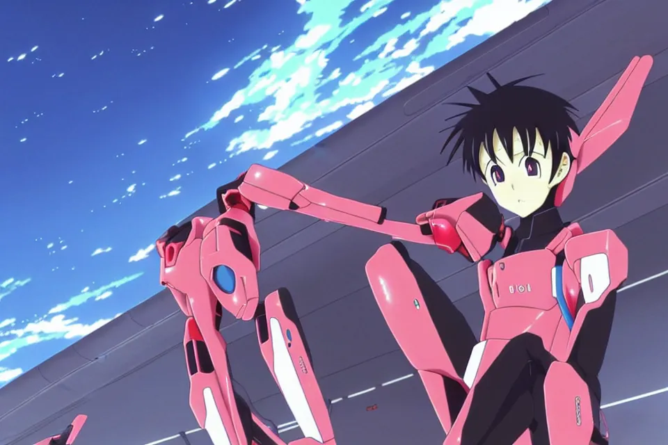 Image similar to anime illustration of lonely ikari shinji standing near his eva - 0 1 car on an empty highway wearing a black plugsuit at dawn, cinematic lighting, evangelion anime poster, rebuild of evangelion 1 0 8 0 p, 9 0 s anime aesthetic, volumetric lights, rule of thirds, unreal engine render, pinterest wallpaper, trending on artstation