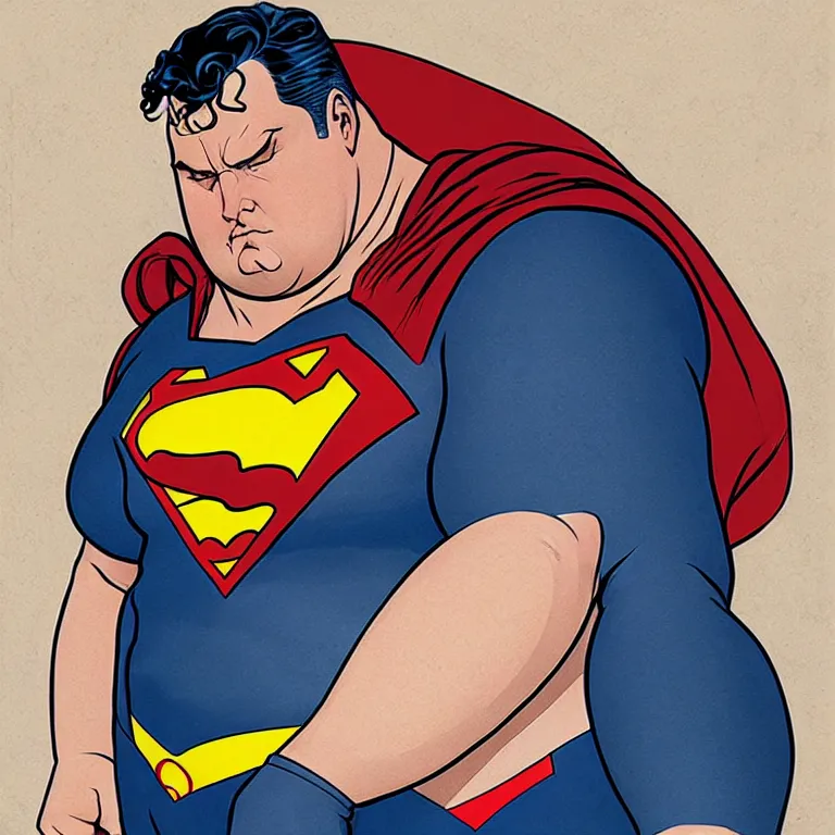 Image similar to Mordidly obese superman, style of Joshua Middleton comic book art Nick Dragotta comic art, symmetrical face, symmetrical eyes, depressed sad expression, painterly style